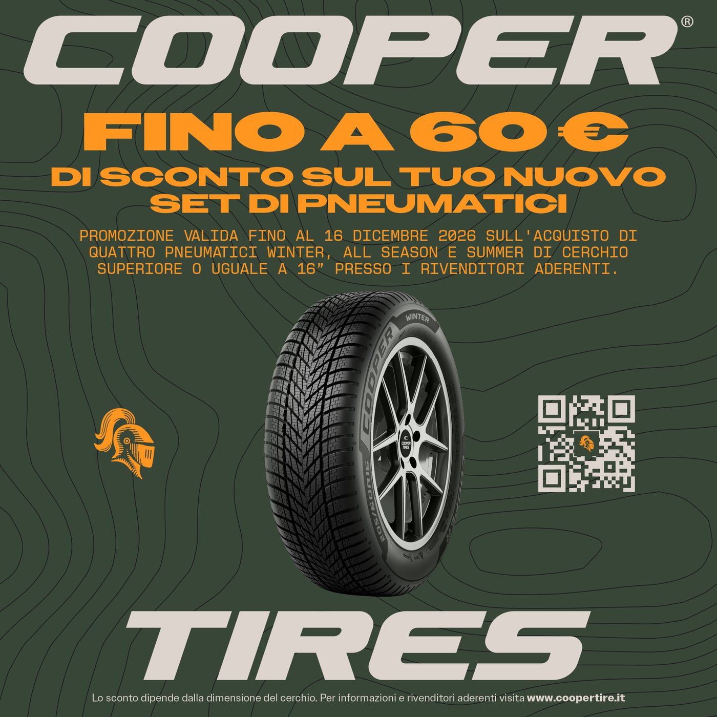 Promozione Cooper Tires: fino a 60 euro di sconto sul tuo nuovo set di pneumatici. Valida fino al 16 dicembre 2026 sull'acquisto di quattro pneumatici Winter, All Season e Summer con cerchio da 16 pollici in su, presso i rivenditori aderenti. Lo sconto dipende dalla dimensione del cerchio.